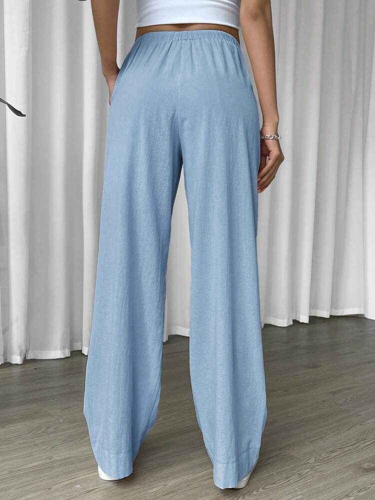 Linen Drawstring Waist Slant Pocket Wide Leg Pants