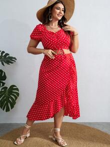 Dreamara Plus Polka Dot Print Drawstring Front Crop Top & Ruffle Trim Wrap Hem Skirt - Red - View 5