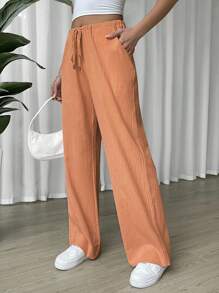 SHEIN EZwear Linen Drawstring Waist Slant Pocket Wide Leg Pants - Orange - View 5