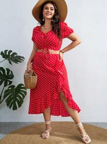 Dreamara Plus Polka Dot Print Drawstring Front Crop Top & Ruffle Trim Wrap Hem Skirt - Red - View 6
