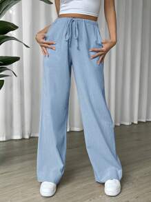 SHEIN EZwear Pantalones de pierna ancha de cintura con cordón - Azul - Ver 5