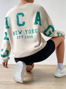 SHEIN MOOSTA 字母图案落肩套头卫衣，秋季卫衣 - 杏色 - 查看 1