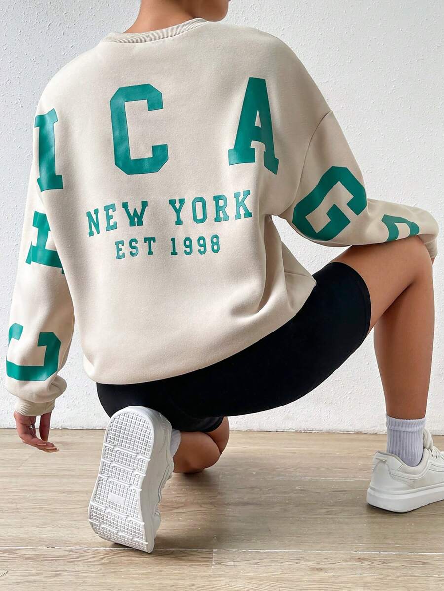 SHEIN MOOSTA 字母图案落肩套头卫衣，秋季卫衣 - 杏色 - 查看 1