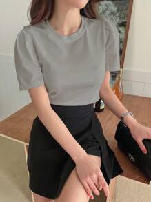 DAZY Áo thun nữ màu trơn Giải trí - Xám - Xem 1