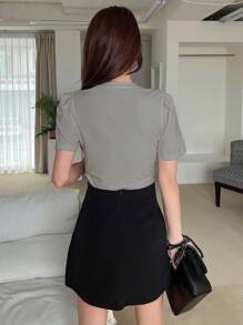 DAZY Áo thun nữ màu trơn Giải trí - Xám - Xem 2