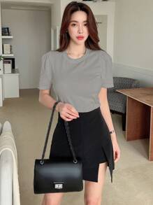 DAZY Áo thun nữ màu trơn Giải trí - Xám - Xem 3