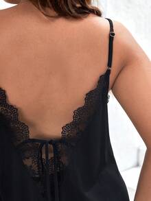 SHEIN Frenchy 大碼蕾絲拼接後背繫帶吊帶連衣裙 - 黑色 - 查看 5