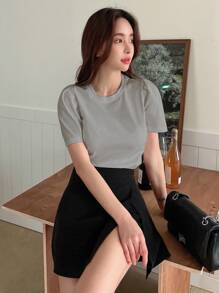 DAZY Áo thun nữ màu trơn Giải trí - Xám - Xem 4