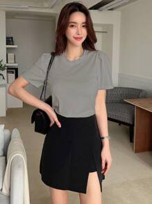 DAZY Áo thun nữ màu trơn Giải trí - Xám - Xem 5