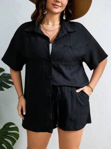 SHEIN WYWH Plus Drop Shoulder Shirt & Knot Front Shorts Without Cami Top - Black - View 5