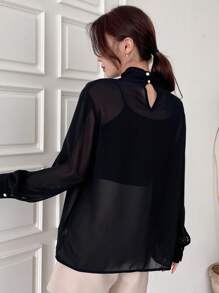 DAZY 鎖眼領燈籠袖雪紡襯衫 - 黑色 - 查看 2