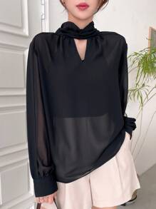 DAZY 鎖眼領燈籠袖雪紡襯衫 - 黑色 - 查看 3