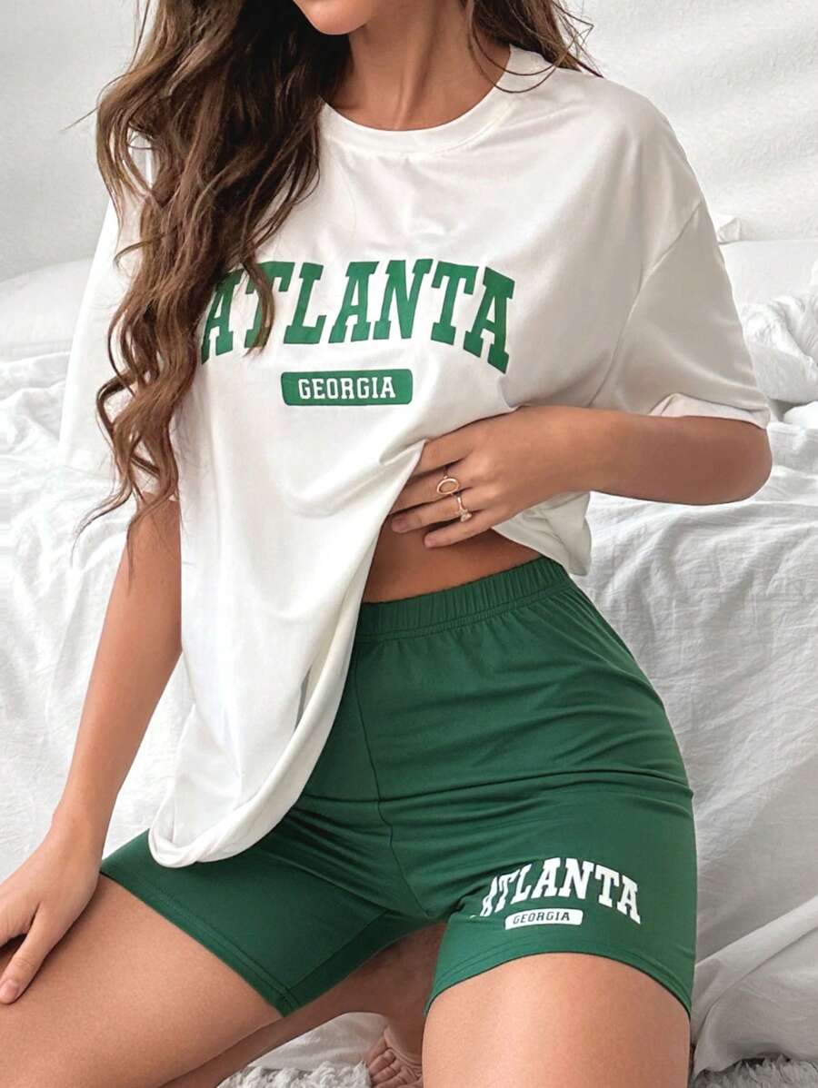 Letter Graphic Drop Shoulder Tee & Cycling Shorts Lounge Set - Multicolor - View 1