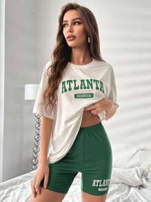 Letter Graphic Drop Shoulder Tee & Cycling Shorts Lounge Set - Multicolor - View 3