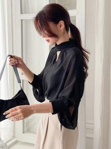 DAZY 鎖眼領燈籠袖雪紡襯衫 - 黑色 - 查看 4