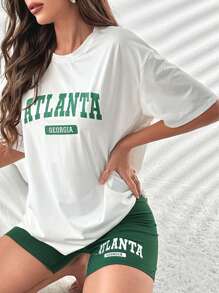 Letter Graphic Drop Shoulder Tee & Cycling Shorts Lounge Set - Multicolor - View 5