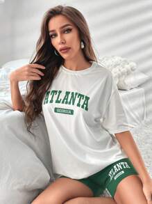 Letter Graphic Drop Shoulder Tee & Cycling Shorts Lounge Set - Multicolor - View 6