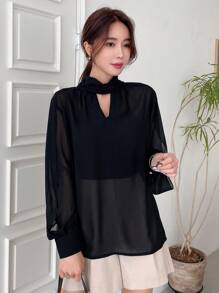 DAZY 鎖眼領燈籠袖雪紡襯衫 - 黑色 - 查看 6