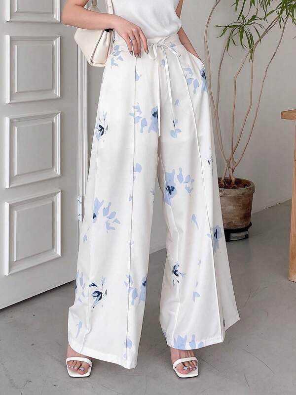 DAZY Floral Print Drawstring Waist Wide Leg Trousers