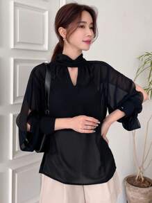 DAZY 鎖眼領燈籠袖雪紡襯衫 - 黑色 - 查看 7