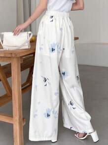 DAZY Floral Print Drawstring Waist Wide Leg Trousers - White - View 2