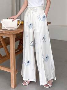 DAZY Floral Print Drawstring Waist Wide Leg Trousers - White - View 4