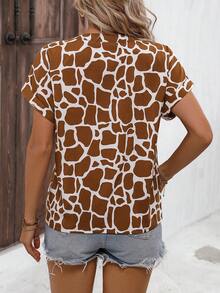 SHEIN LUNE Allover Print Batwing Sleeve Popover Blouse - Brown - View 2