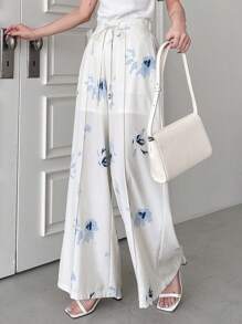DAZY Floral Print Drawstring Waist Wide Leg Trousers - White - View 6