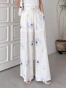 DAZY Floral Print Drawstring Waist Wide Leg Trousers - White - View 7