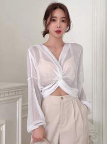 DAZY Twist Front Drop Shoulder Top Without Bra - White - View 5