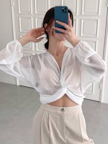 DAZY Twist Front Drop Shoulder Top Without Bra - White - View 6