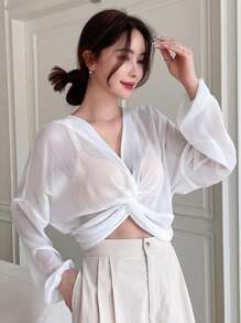 DAZY Twist Front Drop Shoulder Top Without Bra - White - View 7