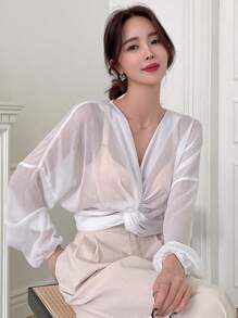 DAZY Twist Front Drop Shoulder Top Without Bra - White - View 8