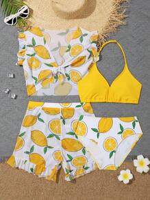 4pcs/Pack Teen Girl Lemon Print Bikini Set With Cover Up Set Summer Beach - Multicolor - View 1