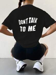 SHEIN Unity Slogan Graphic Drop Shoulder Tee DON'T TALK TO ME Graphic Tees Women Tops - Black - View 1