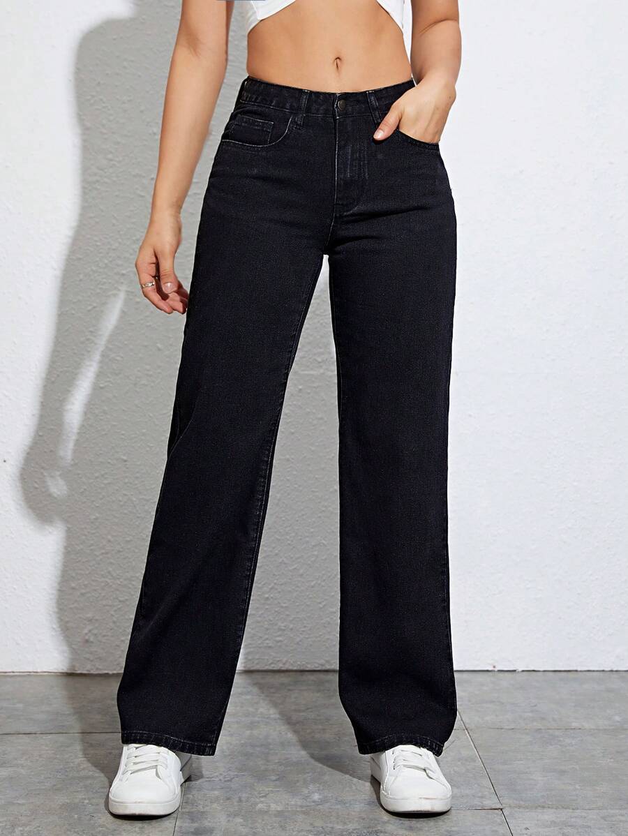 SHEIN EZwear Quần jean nữ Dây kéo Nút Túi màu trơn - màu đen - Xem 1