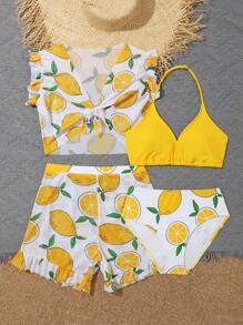 4pcs/Pack Teen Girl Lemon Print Bikini Set With Cover Up Set Summer Beach - Multicolor - View 5