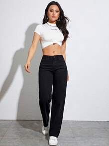 SHEIN EZwear Quần jean nữ Dây kéo Nút Túi màu trơn - màu đen - Xem 2