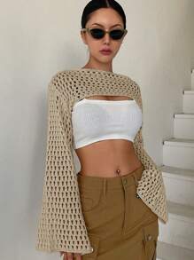 DAZY 鏤空喇叭袖超短版套頭毛衣不附文胸 - 卡其色 - 查看 1