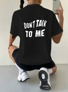 SHEIN Unity Slogan Graphic Drop Shoulder Tee DON'T TALK TO ME Graphic Tees Women Tops - Black - View 3