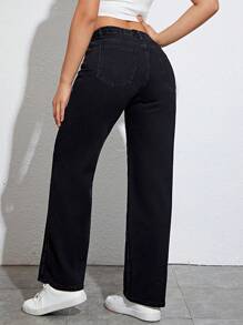 SHEIN EZwear Quần jean nữ Dây kéo Nút Túi màu trơn - màu đen - Xem 3