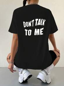 SHEIN Unity Slogan Graphic Drop Shoulder Tee DON'T TALK TO ME Graphic Tees Women Tops - Black - View 4