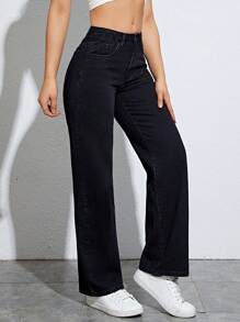 SHEIN EZwear Quần jean nữ Dây kéo Nút Túi màu trơn - màu đen - Xem 4