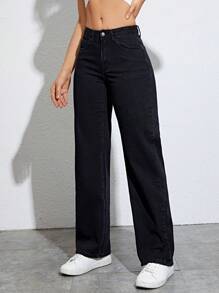SHEIN EZwear Quần jean nữ Dây kéo Nút Túi màu trơn - màu đen - Xem 6