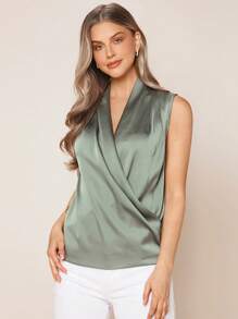 SHEIN Clasi Solid Wrap Front Satin Top - Mint Green - View 3