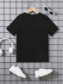 SHEIN Cậu bé Tween Giải trí Họa tiết gấu In Vòng cổ Áo chui đầu Đan Áo thun - màu đen - Xem 2