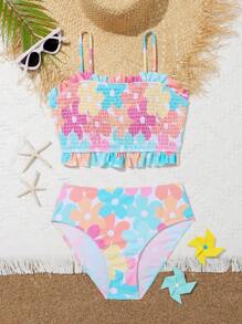 Conjunto de bikini con estampado floral, dobladillo con volantes plisados para adolescentes, para verano y playa
