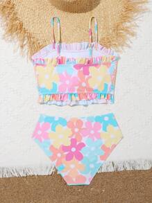 Conjunto de bikini con estampado floral, dobladillo con volantes plisados para adolescentes, para verano y playa