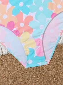 Conjunto de bikini con estampado floral, dobladillo con volantes plisados para adolescentes, para verano y playa