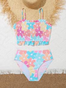 Conjunto de bikini con estampado floral, dobladillo con volantes plisados para adolescentes, para verano y playa